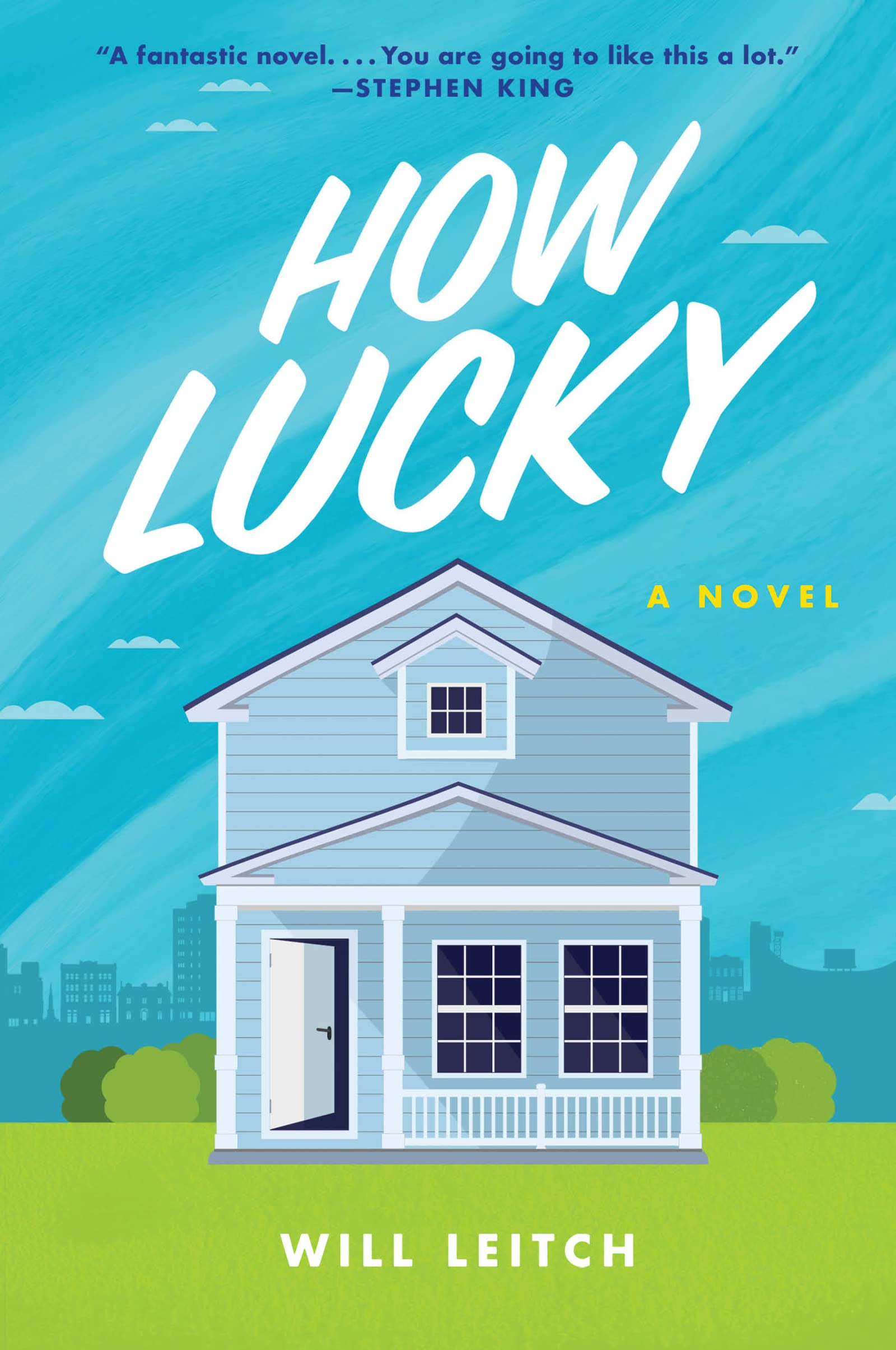 Book cover picturing the front of a house against a background of blue sky and green grass