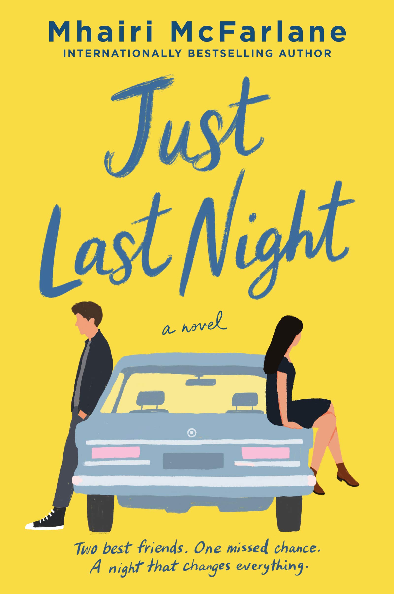 Yellow book cover with a man and woman sitting against opposite sides of car