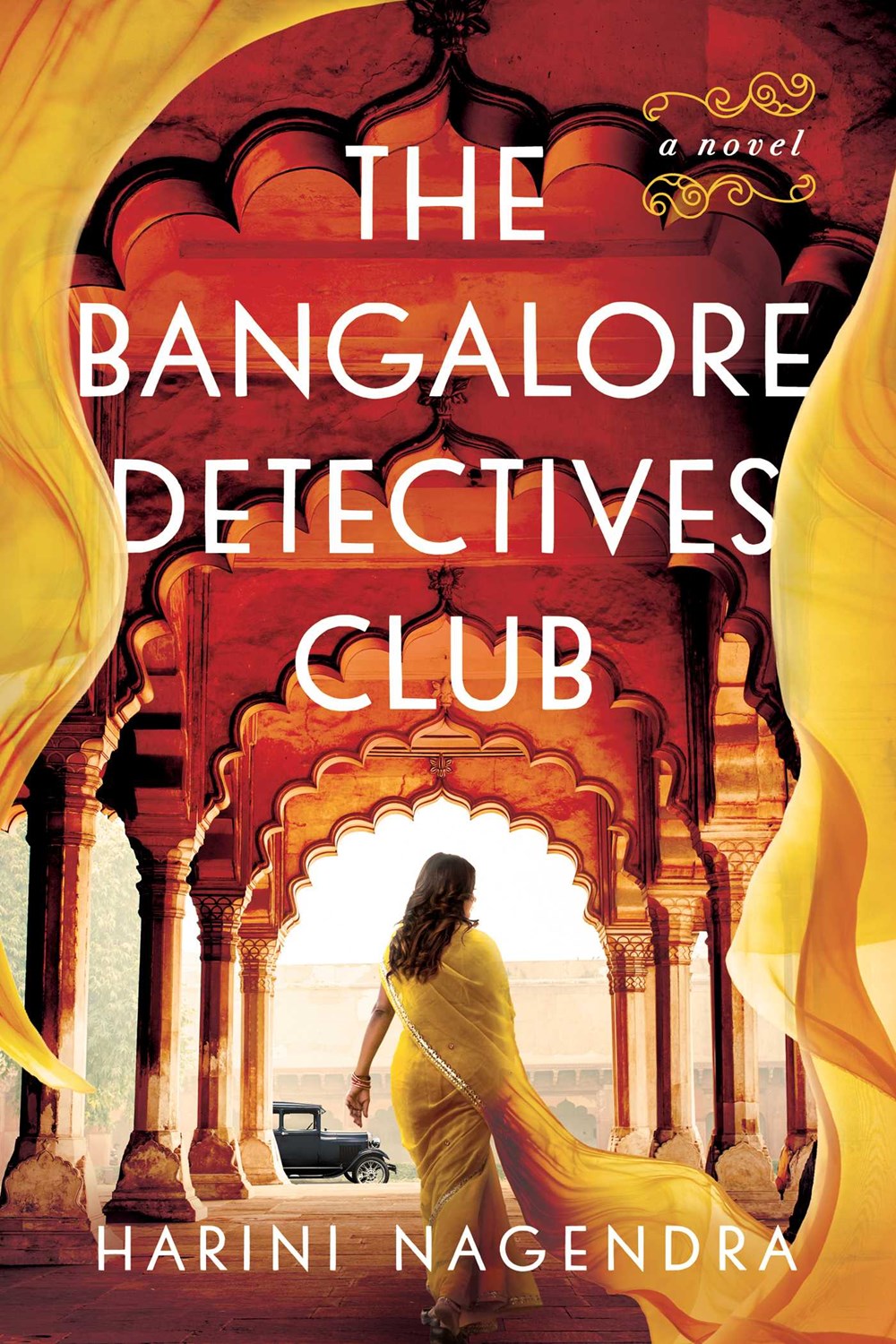 Book cover featuring a young woman in a yellow sari underneath red stone columns