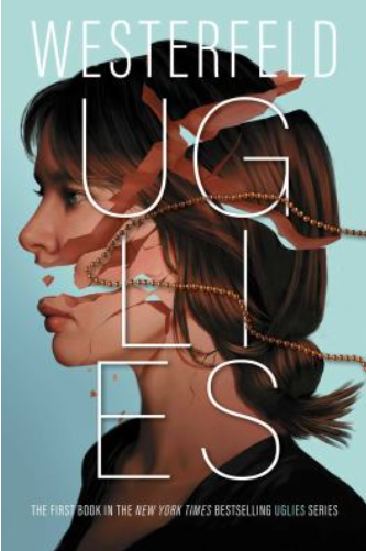 Cover of Uglies by Scott Westerfeld with girl's face cut into pieces on a blue background