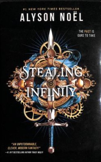 Cover of Stealing Infinity with cogwork and a sword floating on a black background