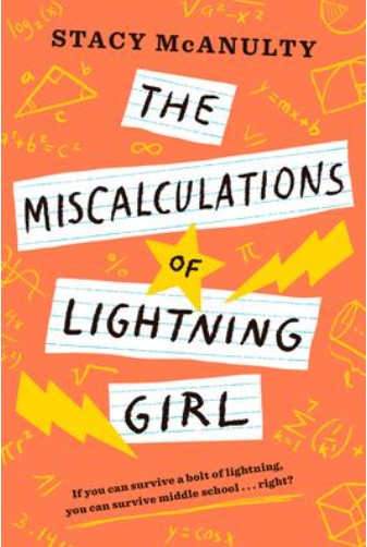 Cover of The Miscalculations of Lightning Girl with lighting and math equations on an orange background