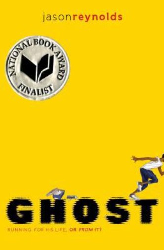 Cover of Ghost by Jason Reynolds with a Black boy running on a yellow background