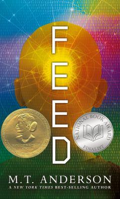 Cover of Feed by M.T. Anderson. National Book Award Finalist symbol on cover. An outline of a head on cover.