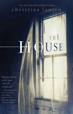 Cover of the book titled The House by Christina Lauren. Shows light coming through a window pane and sheer window curtain. The rest of the cover is a black with some chipped white wood boards under the window.