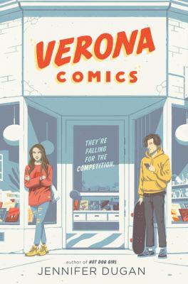 Cover of the book titled Verona Comics by Jennifer Duggan. The cover depicts a front of shop with the title of the book being the name of shop as well. There is a young man and young woman standing opposite each other in the front of the door of the shop.