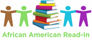 African American Read-In logo. Four human figures link arms around a pile of books.