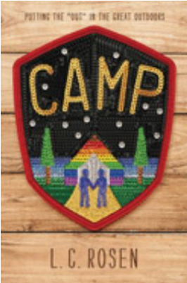 Cover of Camp by L.C. Rosen with a wooden background and a patch with a rainbow tent and two figures holding hands