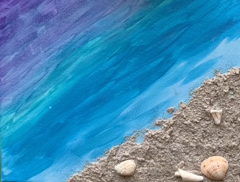 A canvas painted with rows of blues to represent waves, with real sand and seashells in the corner.