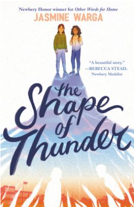 Cover of The Shape of Thunder by Jasmine Warga with two girls standing on a mountain made of the colored background of a school building