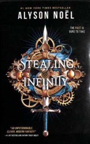 Cover of Stealing Infinity with cogwork and a sword floating on a black background