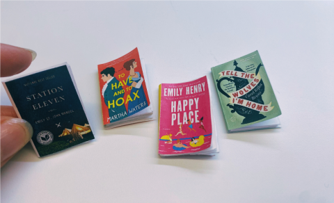 Four tiny book covers are shown: Tell The Wolves I'm Home, To Have and to Hoax,  Happy Place, and Station Eleven