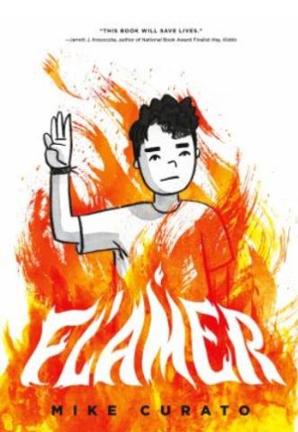 Cover of Flamer by Mike Curato with a boy holding up his fingers in a salute as flames swirl around him