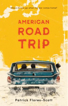 Cover of American Road Trip by Patrick Flores-Scott with a blue car bumper driving away on a yellow background