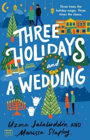 On the book cover, two couples in winter coats stand surrounded by various elements like a wreath, a Menorah, Christmas tree, mountains, and takeout boxes.