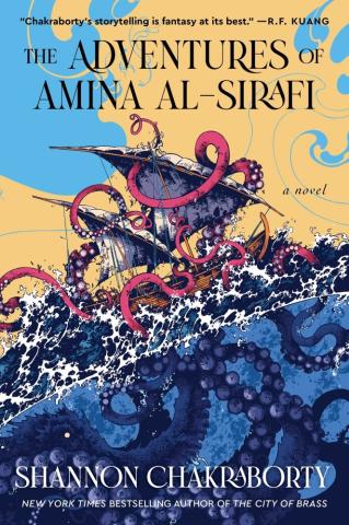 Book cover depicts a tentacled squid, wrapping its arms around a pirate ship in the ocean, with a map behind it