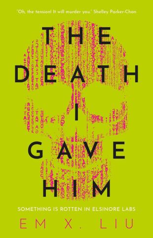 Book cover depicts a skull made out of DNA sequencing data, its red text against a chartreuse background