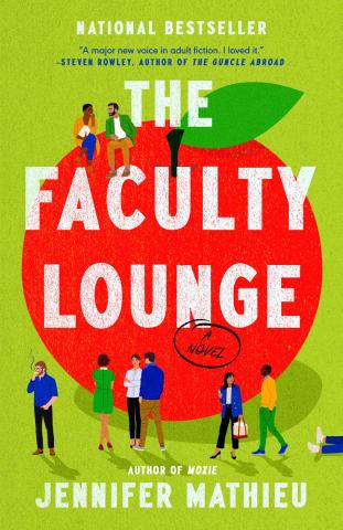 A large red apple occupies the foreground of this green cover, and is surrounded by a variety of people, the teachers in the story, who talk in groups.