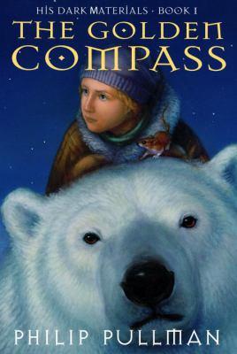 Cover of The Golden Compass. Main character, girl, is on top of a polar bear.