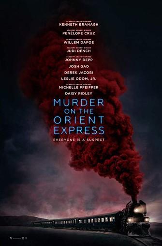 Movie poster for Murder on the Orient Express with a train puffing ominous red smoke