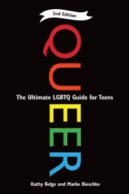 Cover of Queer by Kathy Belge and Marke Bieschie with vertical title in rainbow letters on black background