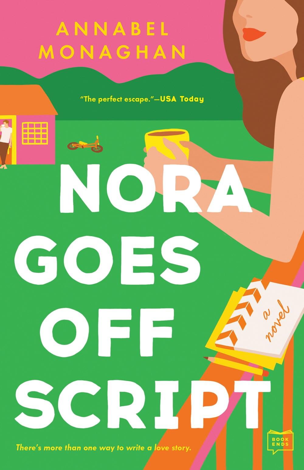 stylized book cover of a woman holding a cup of coffee next to a movie clapboard