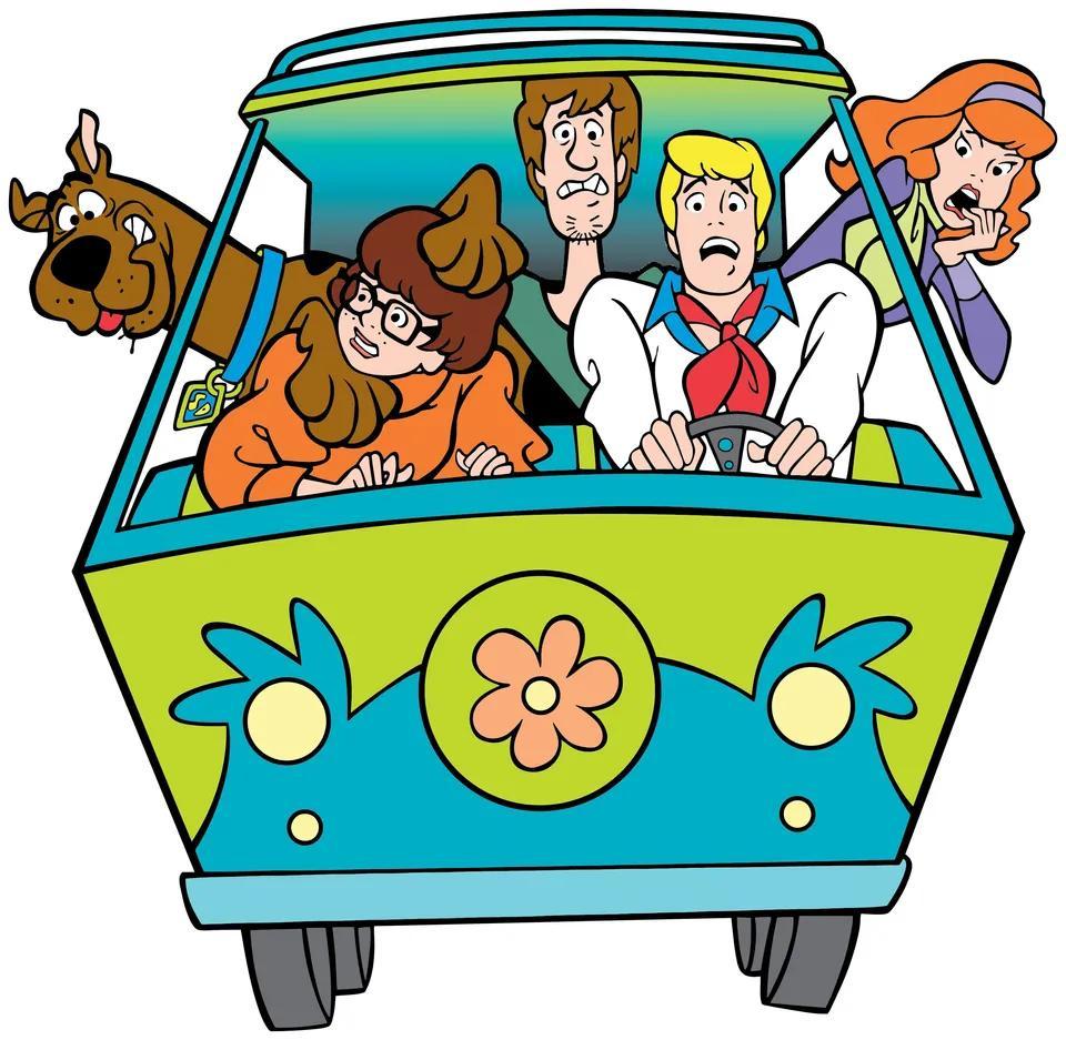 The Mystery Machine van is pictured, with Scooby-Doo, Velma, Shaggy, Fred, and Daphne inside.